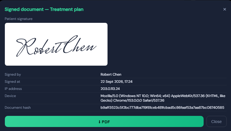 Signed treatment plan record: patient signature, signed by, signed at, IP address, device and document hash