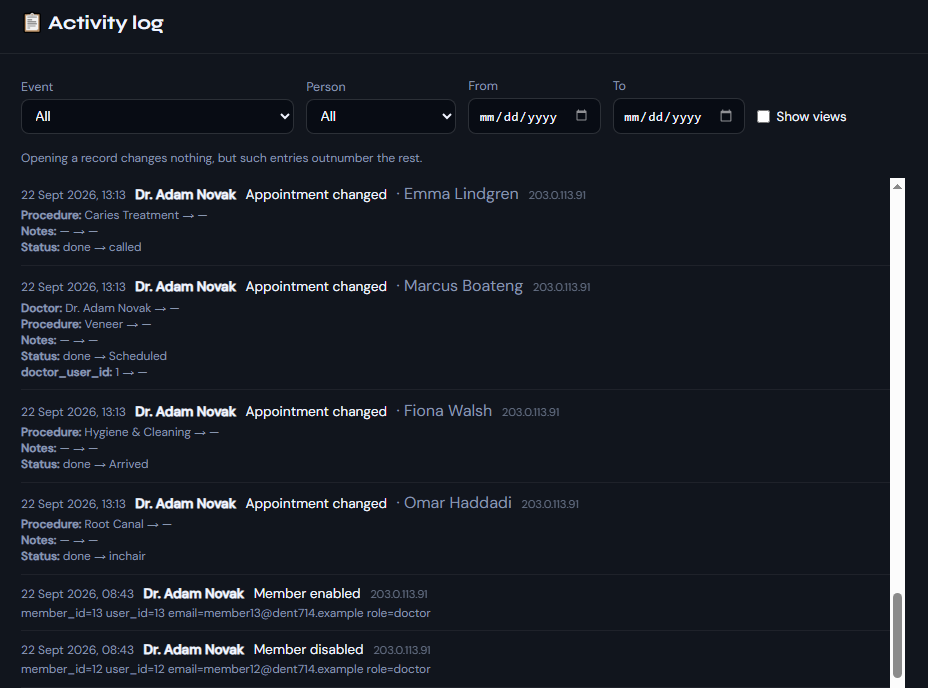 Activity log: appointment changes with before and after values, and staff members enabled and disabled